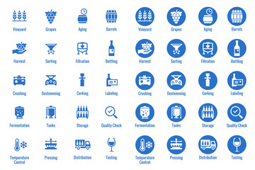 Fototapeta premium Wine production process icon set with vineyard, fermentation and bottling