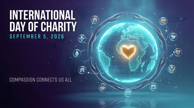 Glowing earth with hands and icons represents international day of charity