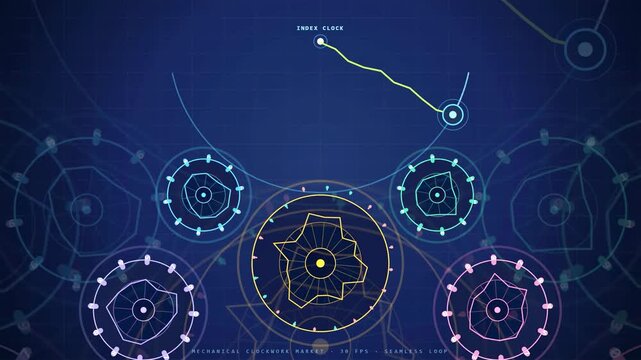 Futuristic digital hud interface with rotating geometric elements and data visualization on blue background