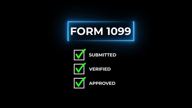neon glowing checking tick mark off form 1099 submission status.4k motion graphics video