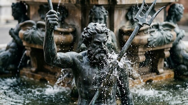 Neptune bronze statue trident and splashing water in a city fountain.