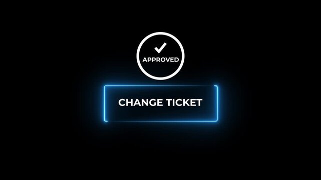 Hands holding a white card with the words CHANGE TICKET and an approved holographic badge above.4k motion graphics video