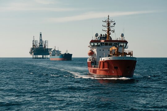 Offshore supply vessel approaching oil platform with cargo ship at sea