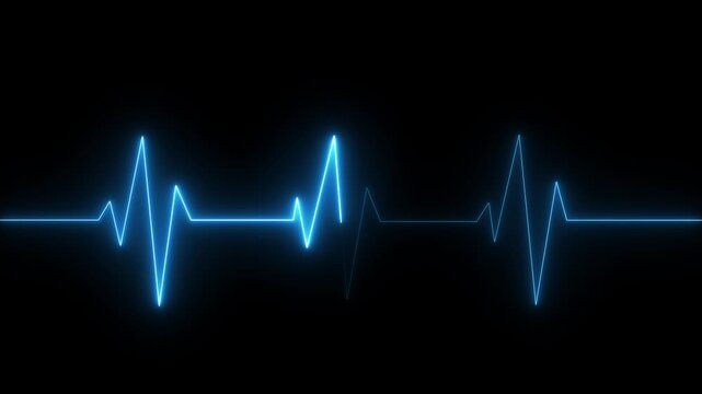 Glowing neon heart pulse. Electrocardiogram motion. Emergency ECG monitoring animation on black background