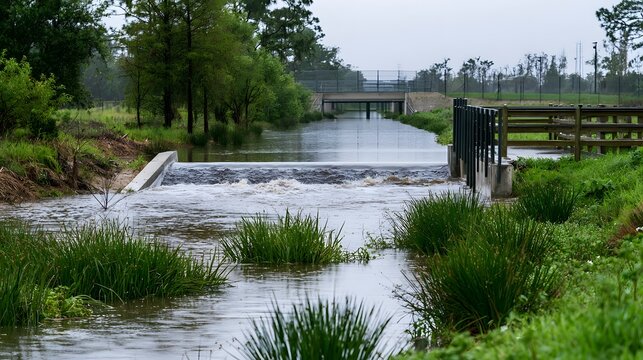 A calm waterway flows through lush greenery with a small weir structure and a distant bridge under an overcast sky