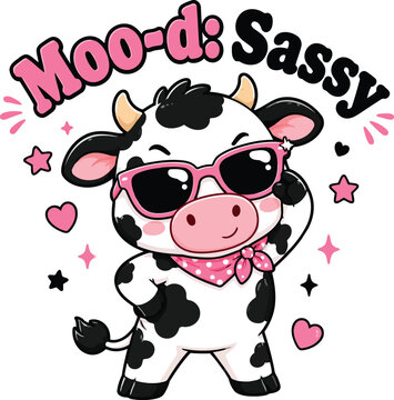 Cute Cartoon Cow with Pink Sunglasses and Bandana - Moo-d Illustration. A cute, black and white spotted cartoon cow wearing pink sunglasses and a pink polka-dot bandana, featuring Moo-d text and stars