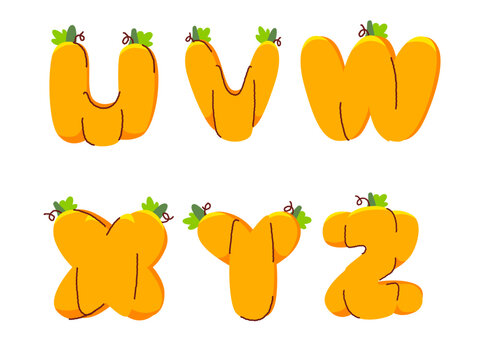 Hand drawn pumpkin alphabet letters U V W X Y Z set, cute orange vegetable font illustration vector.