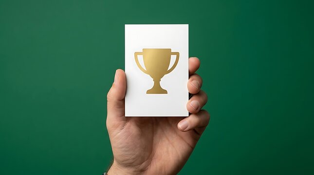 Golden trophy card held by hand over green background, professional achievement award concept with gold cup icon, success and victory celebration symbol for business and sports goals.