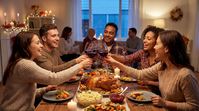 Friends raising wine glasses at festive Thanksgiving dinner with roasted turkey.