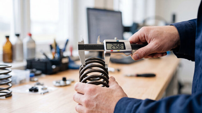 Mechanic measuring a metal coil spring with digital caliper on workshop bench for precision engineering and quality control