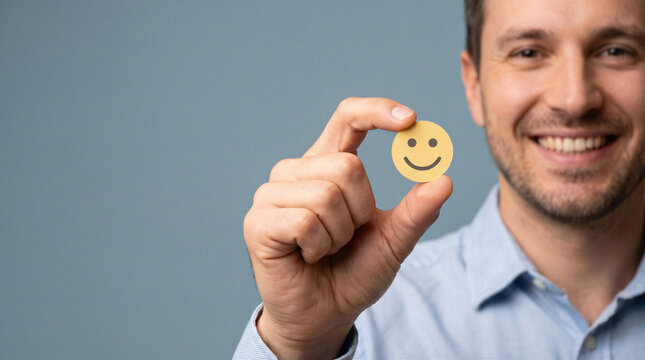 Smiling businessman holding happy face symbol toward camera with copy space in a concept of customer satisfaction, positive feedback, successful experience and business reputation.