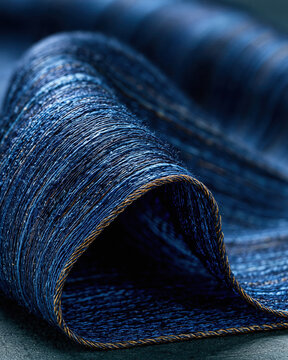 Blue silk denim fabric rolled close up deep indigo textile texture