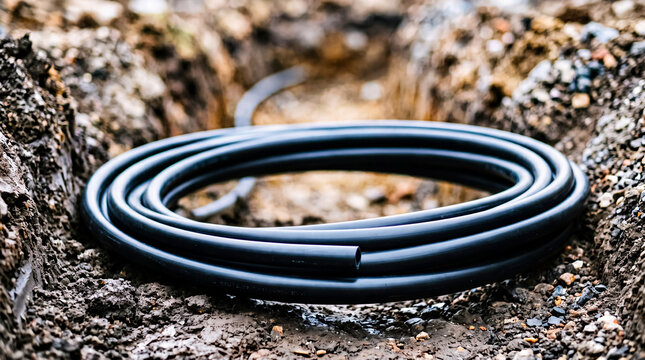Black irrigation pipe coil laid in trench for garden watering and underground plumbing installation