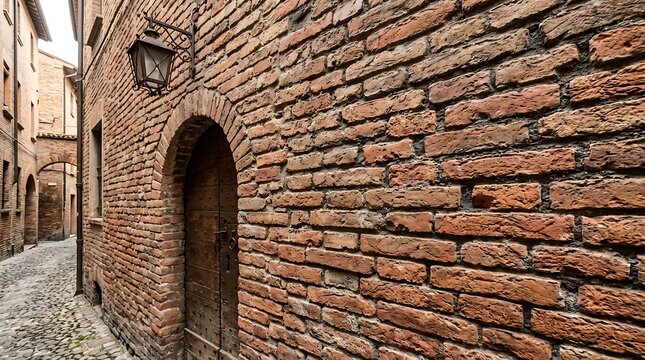 Rustic brick wall and old wooden door in a narrow European cobblestone alleyway with a vintage lantern in a historic town.