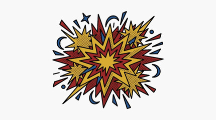 Obraz premium Retro comic book explosion vector with red and yellow starburst layers, halftone dot textures, and blue geometric shards isolated on a white background for graphic design projects.