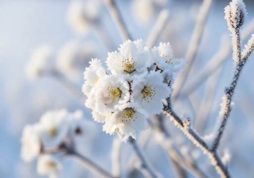 A magical winter garden glows under soft light, where crystalline frost covers delicate white flowers and ethereal snow-draped branches, vegetation, light, ice