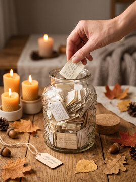 Person hand placing small gratitude note into glass jar surrounded by autumn leaves acorns and burning candles on cozy wooden table for Thanksgiving. Family autumn celebration concept, copy-space.