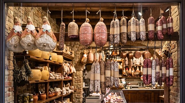 Traditional cured meats and cheeses hanging in a rustic Italian delicatessen window