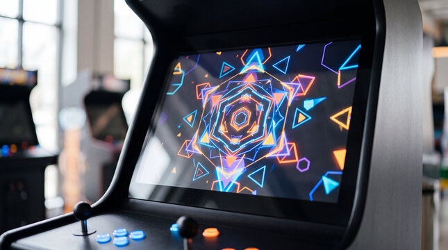 Retro arcade cabinet with neon geometric game screen and joystick in gaming room