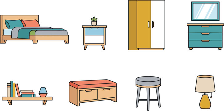 Vector Set of Modern Bedroom Furniture and Decor Items Including Bed, Wardrobe, and Lamp