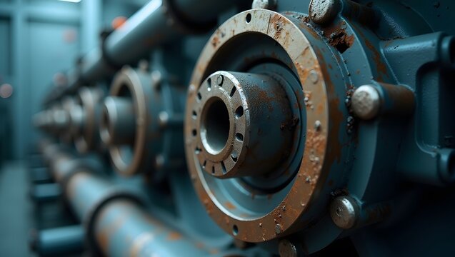 Industrial pump impeller detail in a waterworks facility showcasing metallic machinery with rust and bolts in a professional mechanical setting suitable for engineering and technology concepts. . .