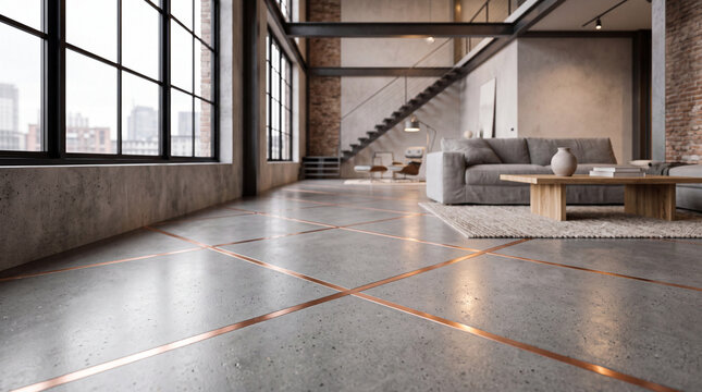 Modern industrial loft living room with polished concrete floor and large factory windows