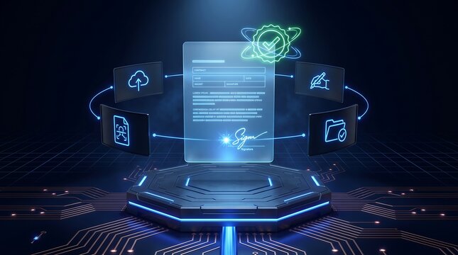 Digital smart contract on futuristic podium with glowing blockchain icons. Secure electronic document management system. Cyber security and cloud storage data protection technology. Transparent