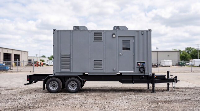 Mobile industrial generator trailer parked outside warehouse on overcast day for temporary power