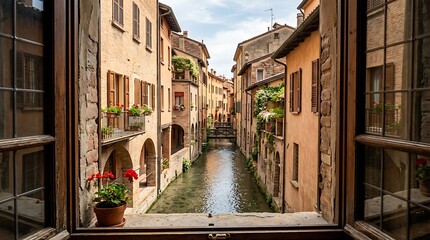 Fototapeta premium Window view of a scenic canal with historic buildings in Italian town