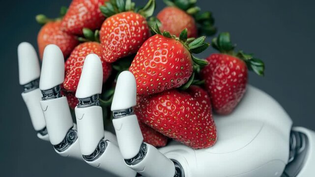 White Robotic Hand Holding Fresh Strawberries