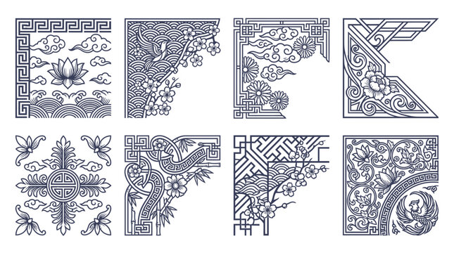 Set of intricate traditional Asian style decorative corner patterns and frames.