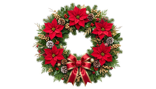 Elegant red Christmas candle decorated with a velvet bow and pine branches isolated on a white background