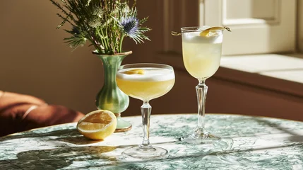Two gin sours, each topped with frothy foam and a twist of lemon peel, sit on a light green marble table beside a bouquet of flowers © Studio ANNA
