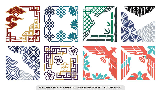 Set of elegant Asian style decorative corner frames with traditional patterns and motifs.