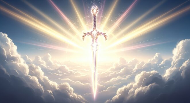 A majestic glowing sword of light floats amidst heavenly clouds and divine rays of energy, representing spiritual power and sacred truth, scripture, shimmering, religion