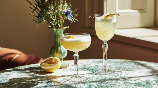 Two gin sours, each topped with frothy foam and a twist of lemon peel, sit on a light green marble table beside a bouquet of flowers