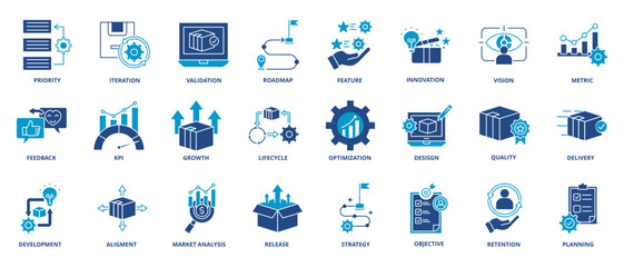 Fototapeta premium Product management solid icon set. Featuring task assignment, decision making, video conference, goal setting, and action items. Vector icons for presentations and reports