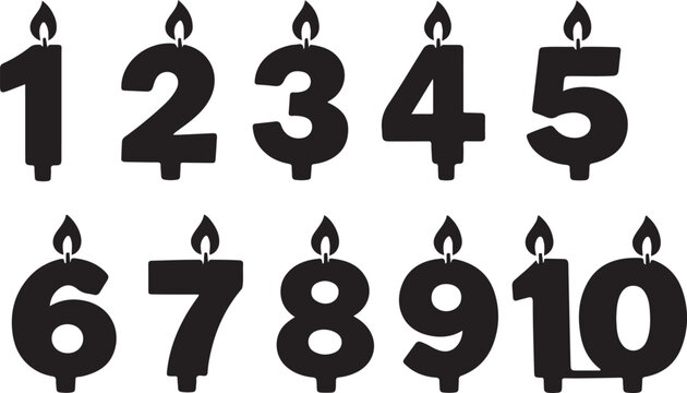 Set of birthday candle numbers from one to ten with burning flames for anniversary cake.