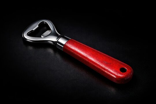 Vintage bottle opener with red wooden handle on black background, bar tool closeup
