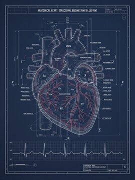 Anatomical heart diagram with ecg waveform