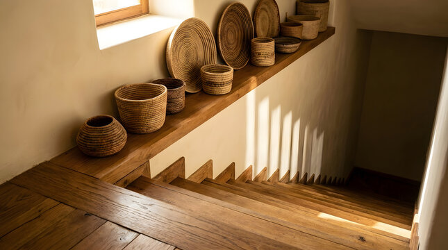 Boho art style interior featuring handcrafted woven baskets displayed on a wooden ledge beside oak stairs with warm sunlight and wall shadows