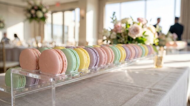Pastel macarons are meticulously displayed on a clear acrylic stand, creating an inviting dessert presentation. This sweet arrangement brightens an elegant indoor event setting.