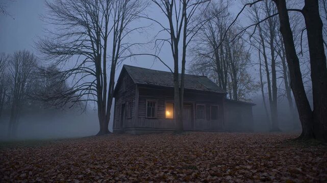 Creepy old wooden house with a single glowing window standing in a foggy, dark forest during a mysterious and moody autumn night, evoking a sense of horror