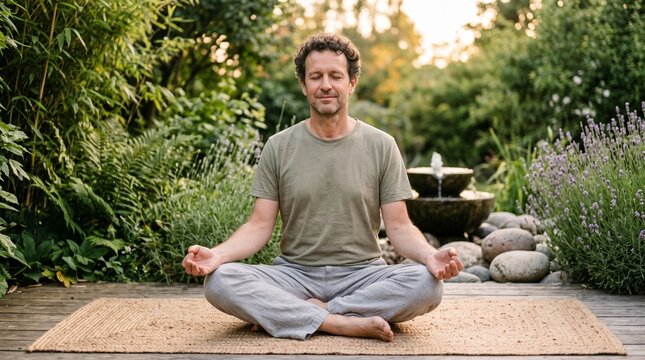 A peaceful middle-aged man sits cross-legged in lotus posture meditating on a mat outdoors in a tranquil garden with a fountain background.