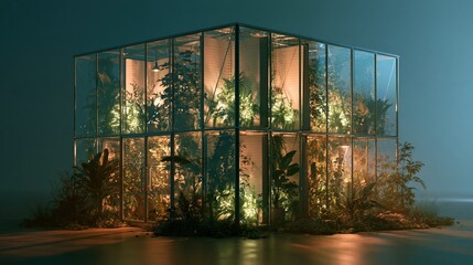 Fototapeta premium Clean glossy three dimensional render of a small greenhouse with glowing panes in a calm balanced composition with room for text