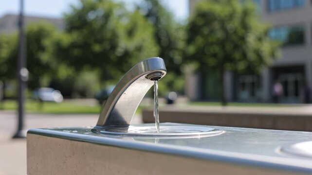 Public drinking fountain flowing with fresh, clean water in a city park on a sunny day, providing refreshment and hydration for everyone in the urban environment