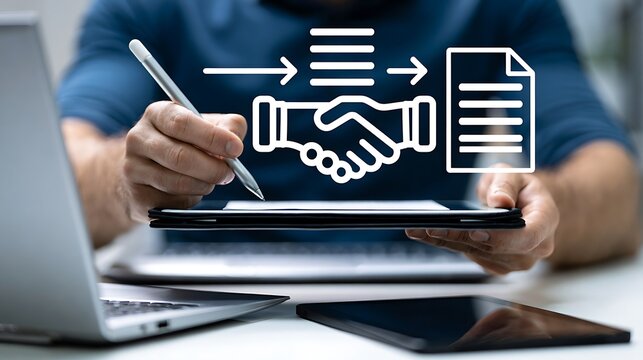 Procurement process management, Digital and paper document approval, contract verification, supplier negotiation, and business purchasing operations using laptop and paper in office environment