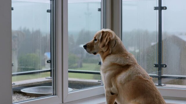 Melancholy labrador retriever dog waiting on the windowsill and looking out the window at the rain, feeling lonely, sad and abandoned while his owner is away from home