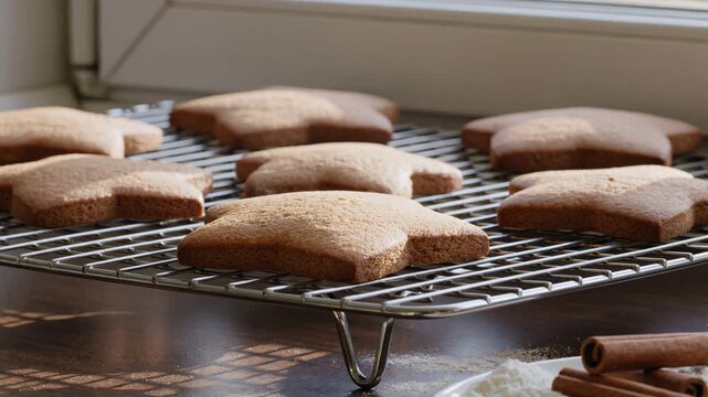 Freshly baked homemade gingerbread star-shaped cookies cooling on a wire rack with steam rising, celebrating the cozy christmas and winter holiday season