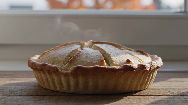 Freshly baked hot apple pie steaming on a wooden windowsill in the warm sunlight, a delicious traditional american dessert cooling down before being served for dinner